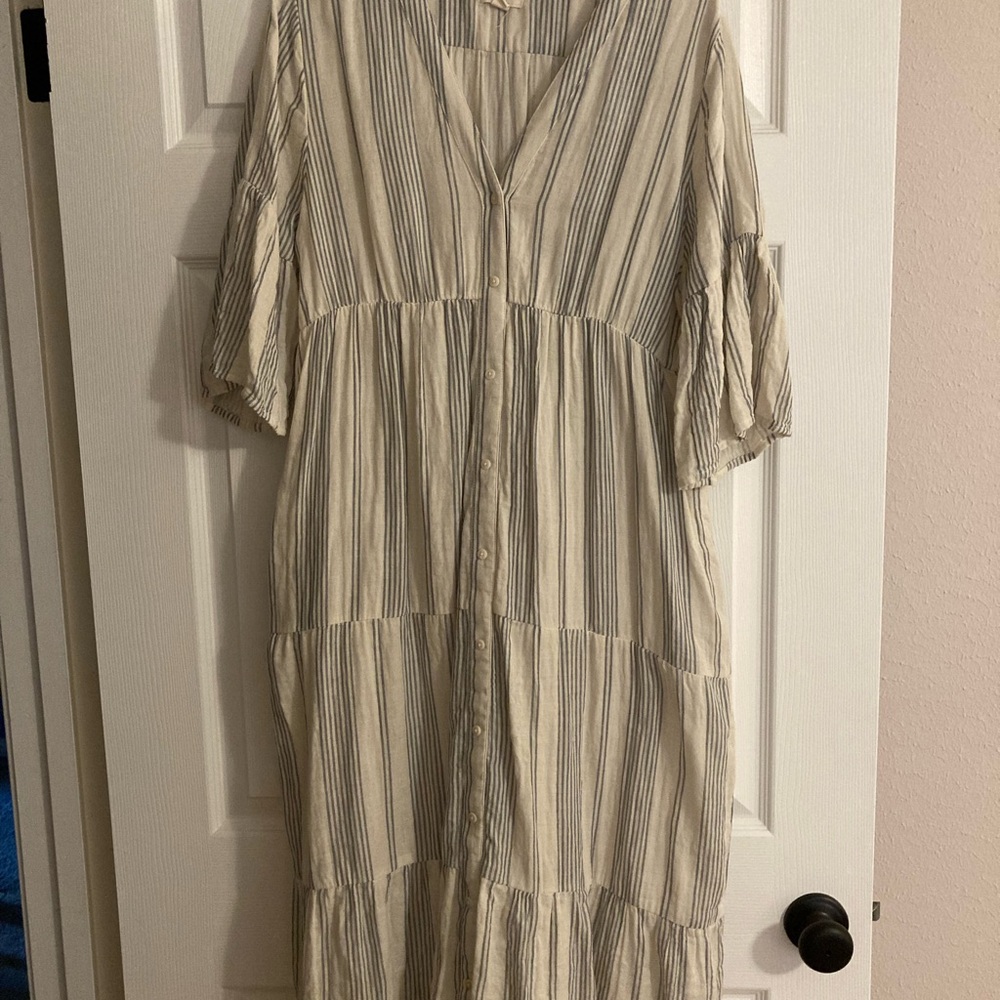 Pact Blue and White Striped Tiered Dress